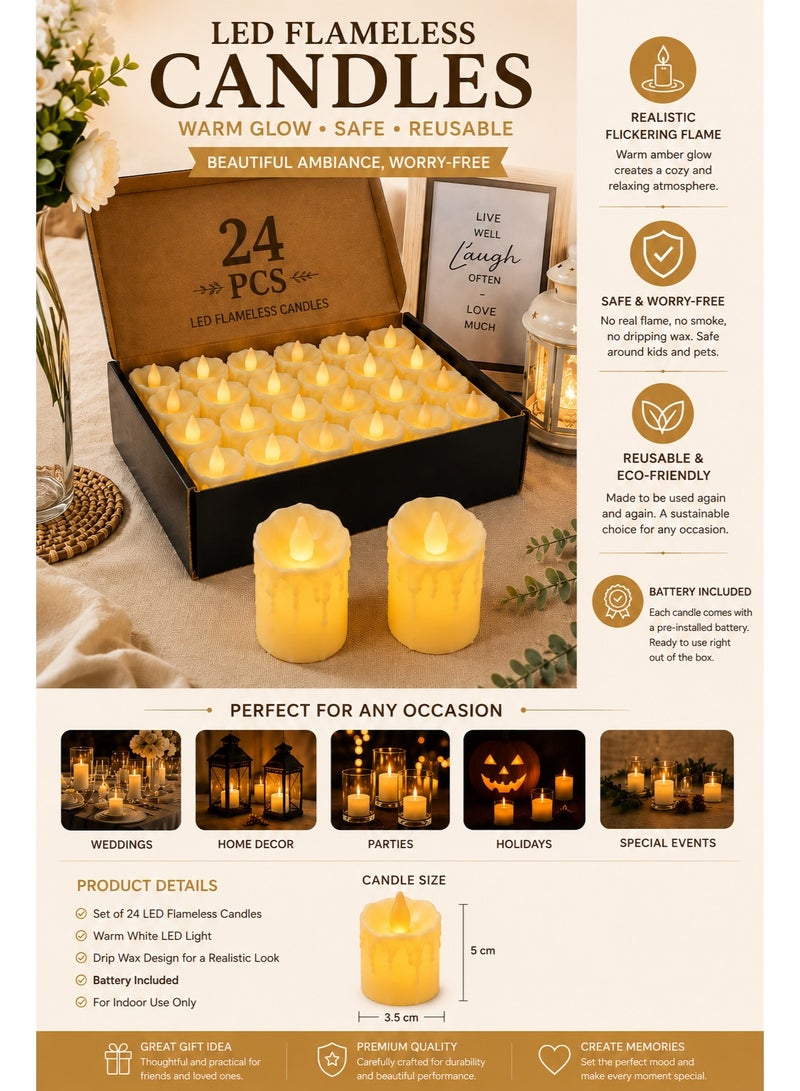 ELRIVO 24 PCS Battery Operated Tea Light Candles, Warm White Flameless LED Tealights, Battery Included, Safe Decorative Candles for Weddings, Parties, Home & Holiday Decor - Image 4