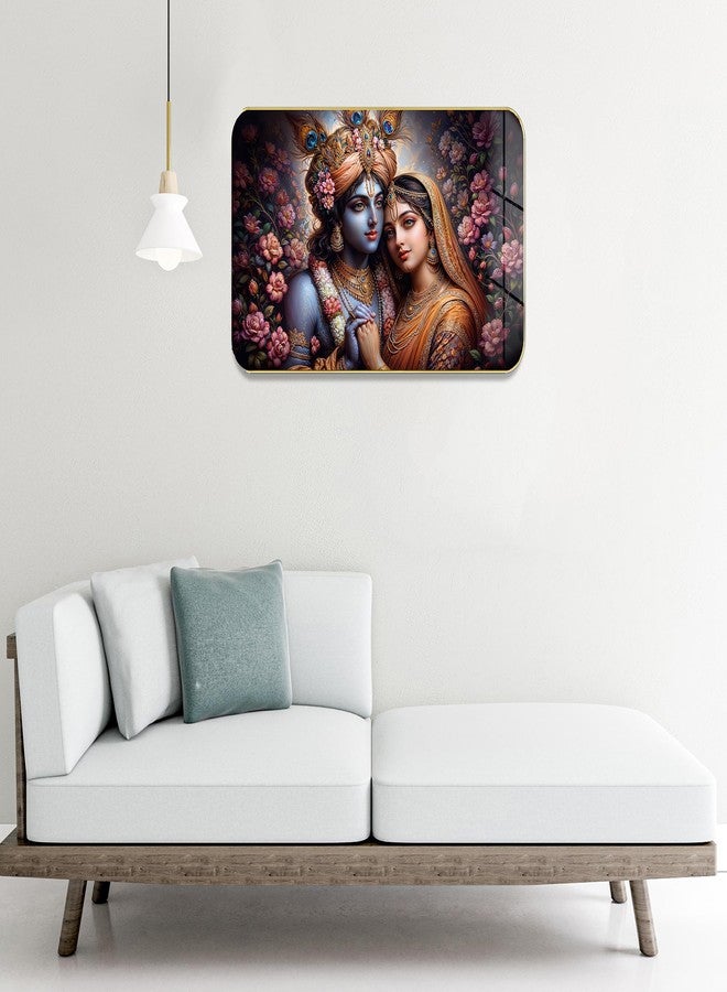 Masstone Radha Krishna Crystal Embedded High Gloss Wall Painting, Golden Slim Frame, 45x30 Cm Wall Art for Living Room, Bedroom, Office & Home Décor (HG07) - Image 3