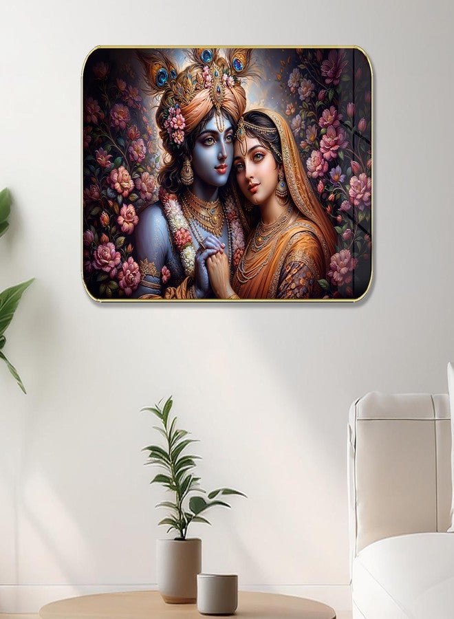 Masstone Radha Krishna Crystal Embedded High Gloss Wall Painting, Golden Slim Frame, 45x30 Cm Wall Art for Living Room, Bedroom, Office & Home Décor (HG07) - Image 1