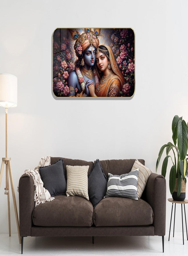 Masstone Radha Krishna Crystal Embedded High Gloss Wall Painting, Golden Slim Frame, 45x30 Cm Wall Art for Living Room, Bedroom, Office & Home Décor (HG07) - Image 2