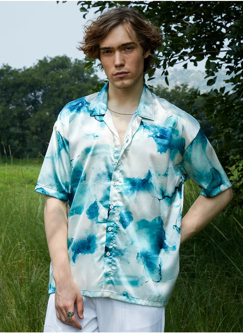 Campus Sutra Men's Indigo Blue & Ivory White Blob Oversized Shirt