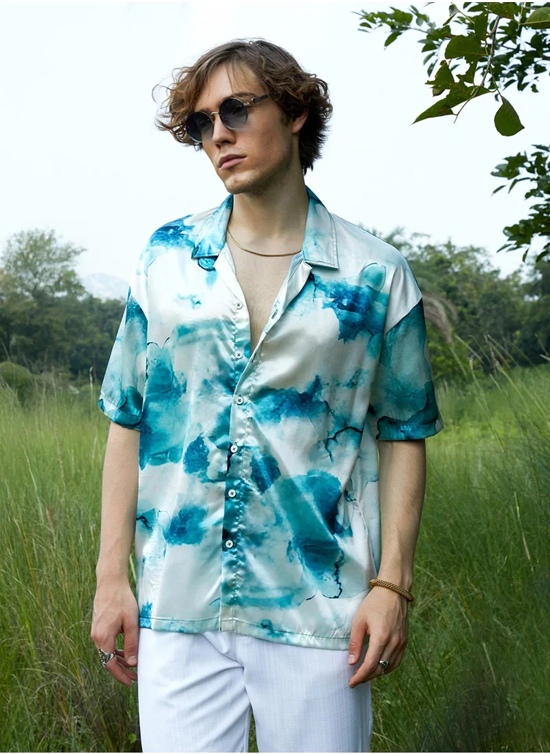 Campus Sutra Men's Indigo Blue & Ivory White Blob Oversized Shirt