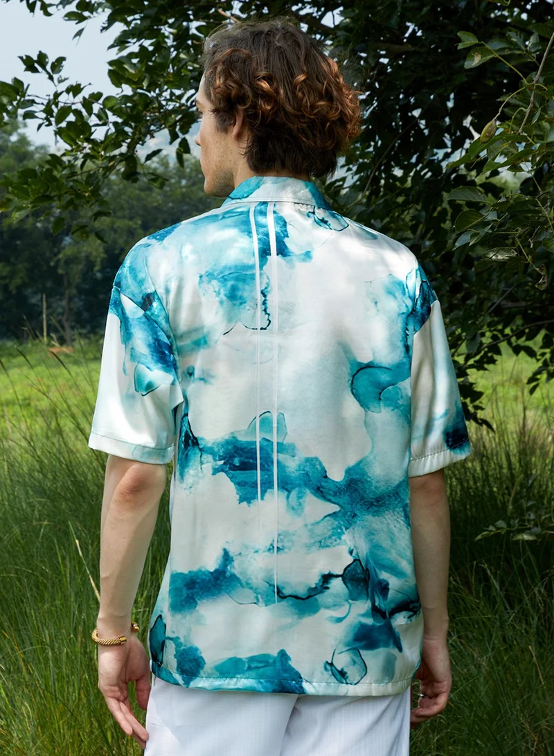 Campus Sutra Men's Indigo Blue & Ivory White Blob Oversized Shirt