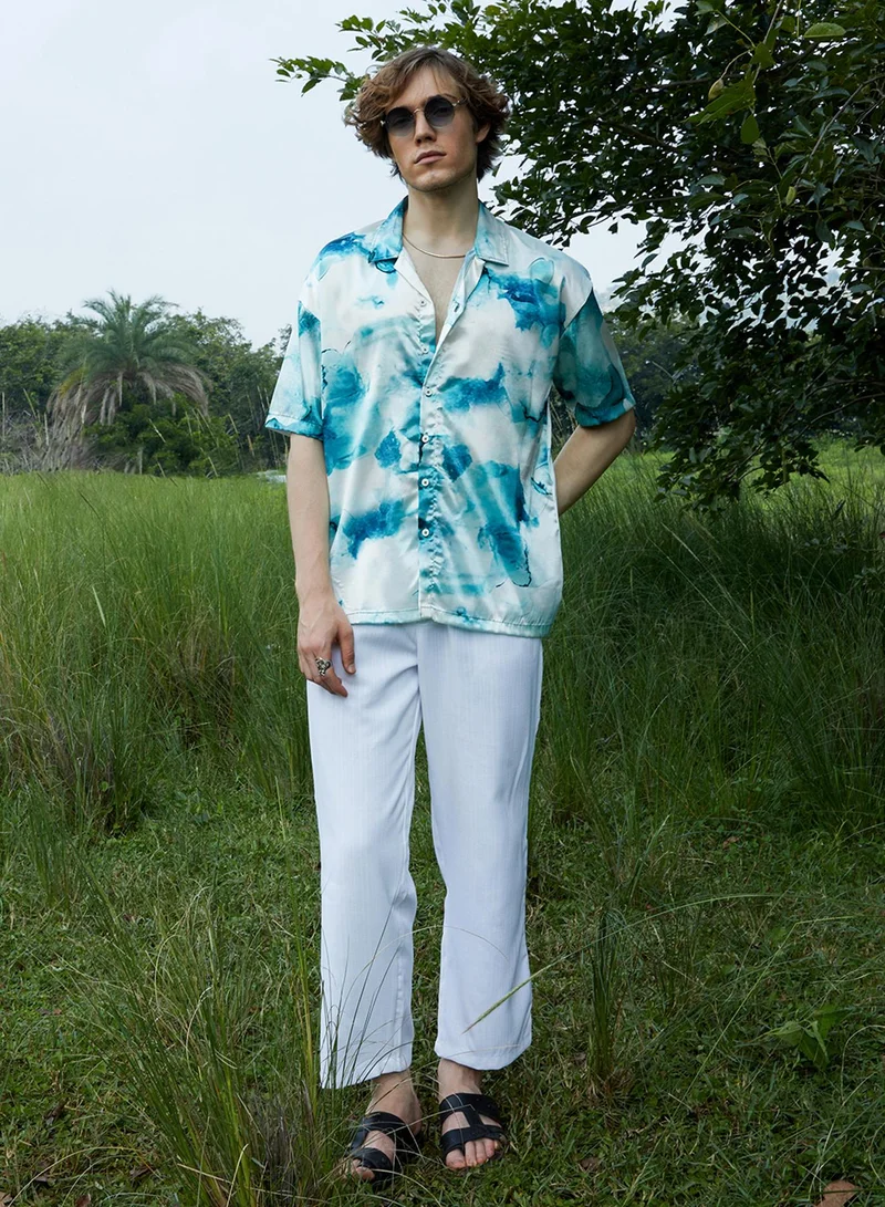 Campus Sutra Men's Indigo Blue & Ivory White Blob Oversized Shirt