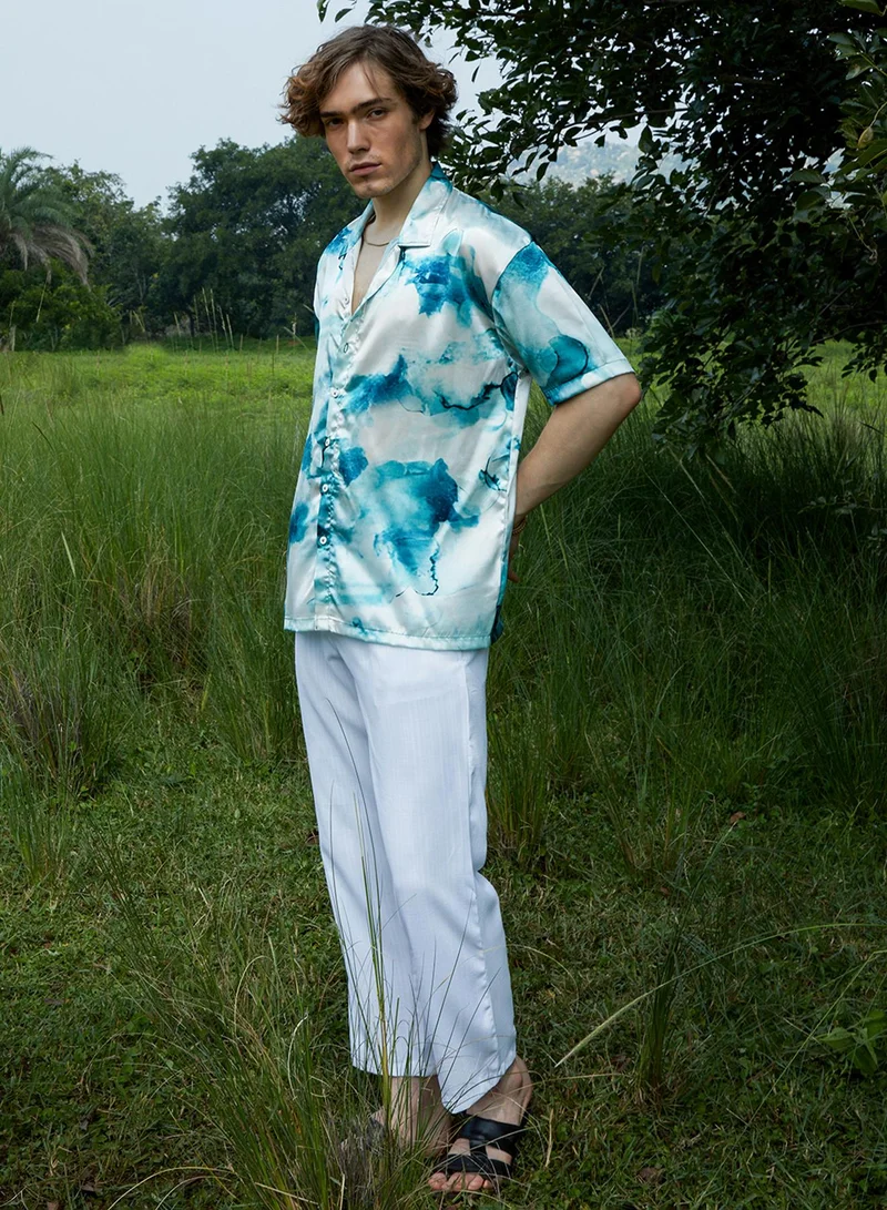 Campus Sutra Men's Indigo Blue & Ivory White Blob Oversized Shirt