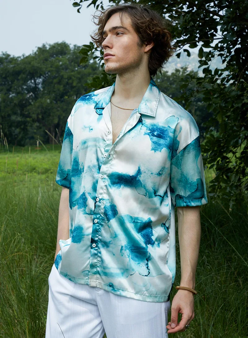 Campus Sutra Men's Indigo Blue & Ivory White Blob Oversized Shirt