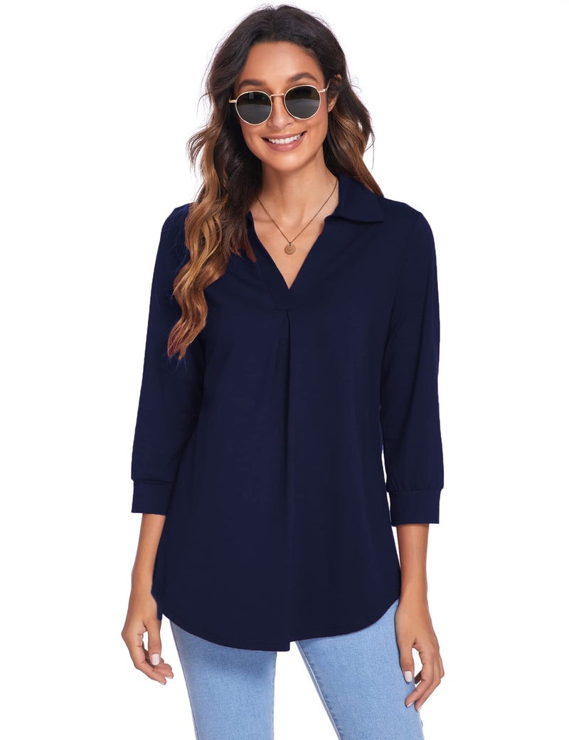 Newchoice Blouses for Women Dressy, V Neck 3/4 Sleeve Shirts Loose Business Casual Tops Trendy Work Clothes Office Attire (Navy Blue, L) - Image 3