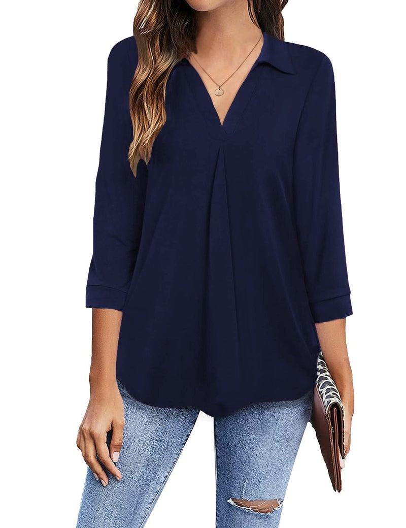 Newchoice Blouses for Women Dressy, V Neck 3/4 Sleeve Shirts Loose Business Casual Tops Trendy Work Clothes Office Attire (Navy Blue, L) - Image 1