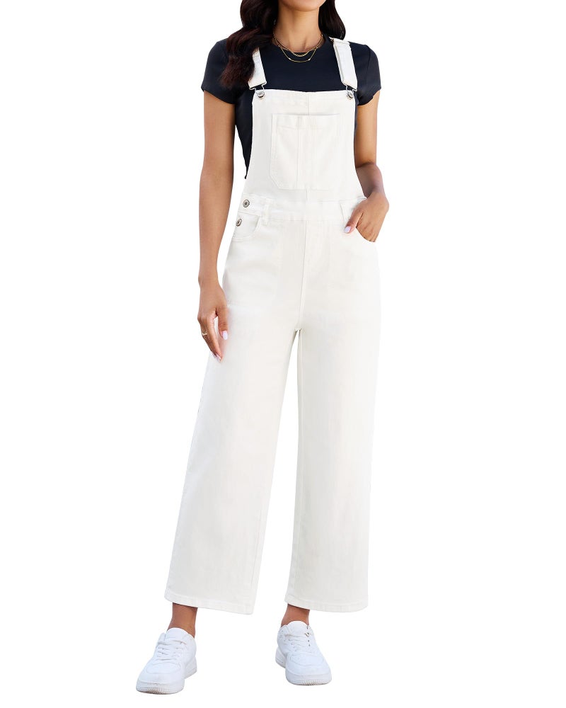 luvamia Wide Leg Overalls for Women Denim Loose Fit Baggy Bib Adjustable Cropped Casual Stretchy Jean Jumpsuit Overall Cream White Size Medium Fits US 8-10 - Image 1