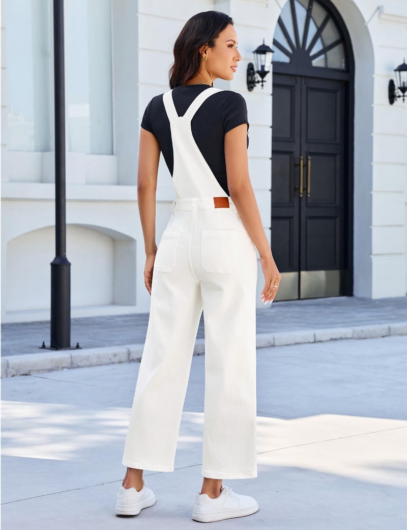 luvamia Wide Leg Overalls for Women Denim Loose Fit Baggy Bib Adjustable Cropped Casual Stretchy Jean Jumpsuit Overall Cream White Size Medium Fits US 8-10 - Image 3