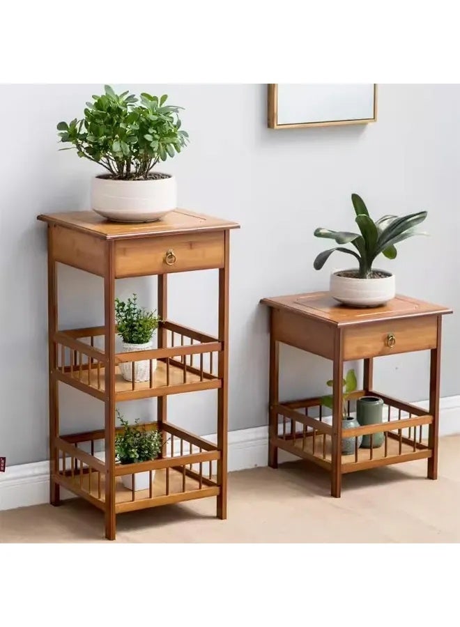 2-Tier Wooden Side Table with Drawer and 3 Storage Shelves, Portable Small Bedside Sofa Tea Table Suitable for Bedroom and Living Room 30*30*107cm