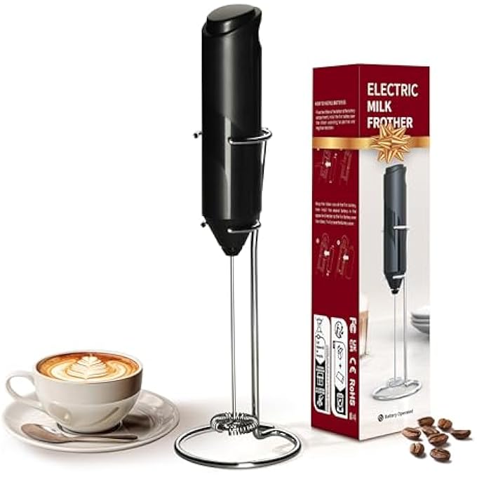 خلاط حليب كهربائي محمول باليد مع حامل من الفولاذ المقاوم للصدأ يعمل بالبطارية وخلاط مشروبات للقهوة والفرابيه واللاتيه والماتشا والشوكولاتة الساخنة وخلاط يدوي صغير باللون الأسود - Image 1