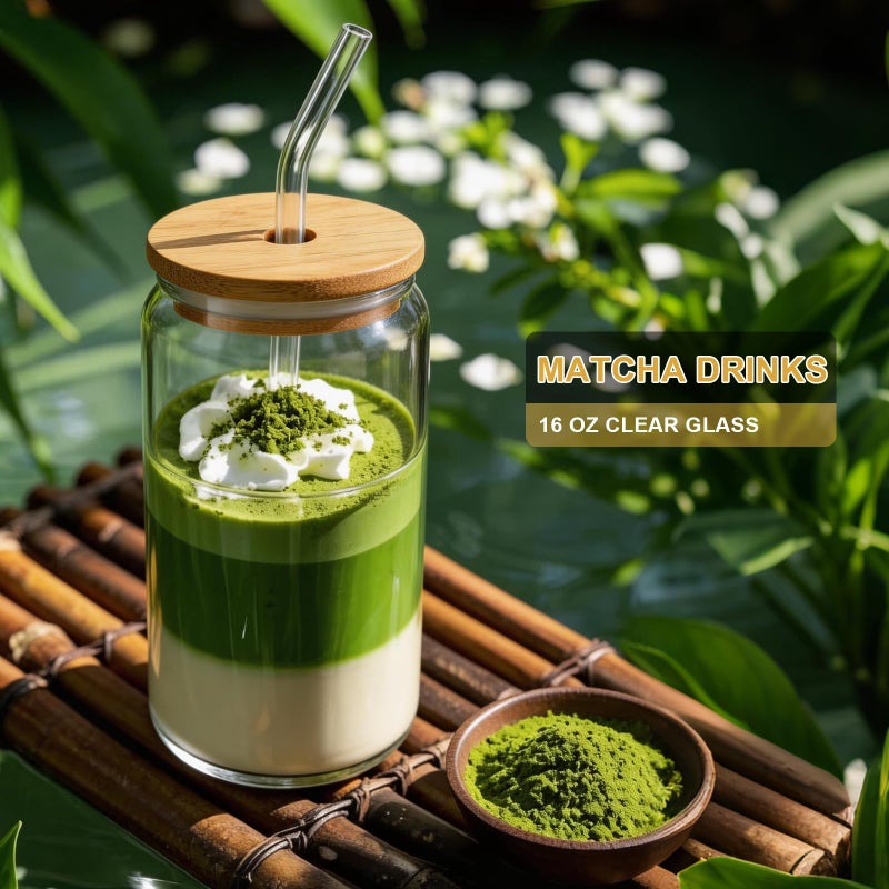 DAMCONME أكواب زجاجية مع أغطية وقش 1 عبوة، أكواب قهوة زجاجية، كوب زجاجي مع غطاء للقهوة المثلجة، سموذي، كوكتيل، بيرة، ويسكي، صودا، ماتشا، كوب زجاجي سعة 16 أونصة مع غطاء من الخيزران، 1 فرشاة - Image 3