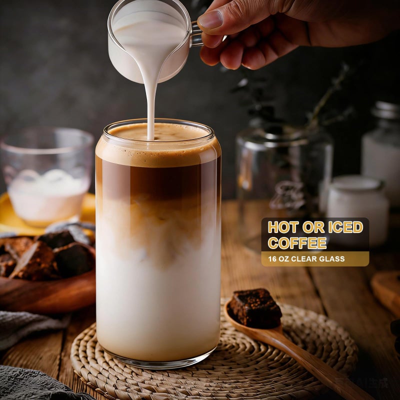 DAMCONME أكواب زجاجية مع أغطية وقش 1 عبوة، أكواب قهوة زجاجية، كوب زجاجي مع غطاء للقهوة المثلجة، سموذي، كوكتيل، بيرة، ويسكي، صودا، ماتشا، كوب زجاجي سعة 16 أونصة مع غطاء من الخيزران، 1 فرشاة - Image 2