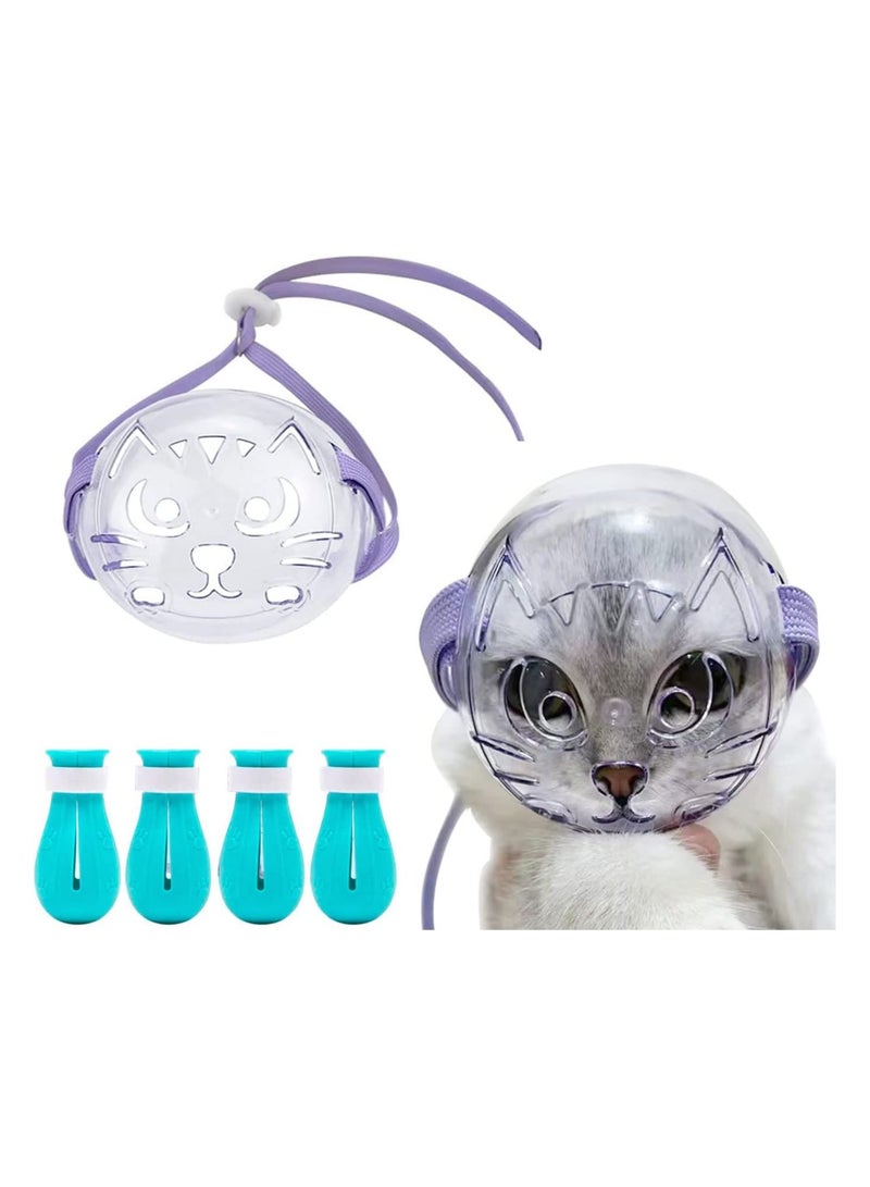Cat Muzzle for Grooming Cat Mouth Cover Set with Adjustable Hood Breathable Anti Bite Air Muzzles Claw Covers for Grooming Silicone Anti-Scratch Boots Cat Paw Protector for Bathing - Image 1