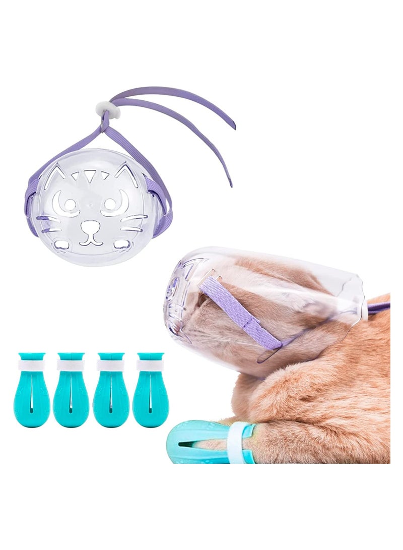 Cat Muzzle for Grooming Cat Mouth Cover Set with Adjustable Hood Breathable Anti Bite Air Muzzles Claw Covers for Grooming Silicone Anti-Scratch Boots Cat Paw Protector for Bathing - Image 3