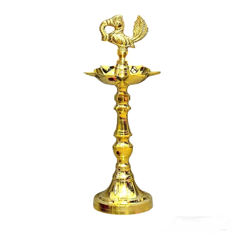 Denique Denique Brass Nakshi Peacock Kerala Mahabharat OilGhee Diya Deepak Lamp Design Long Diyas for Home Pooja Room Pancharti Panchmukhi Diya for Puja Decoration Aarti21 CM Pack of 1  - Image 2