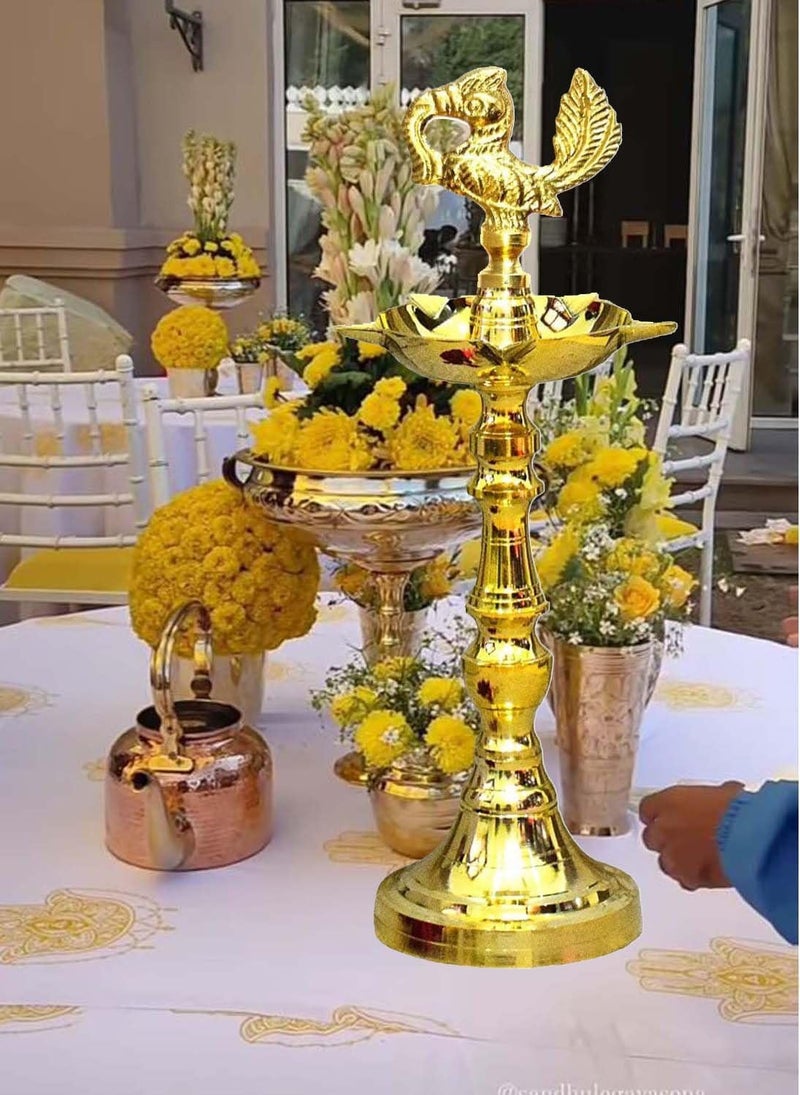 Denique Denique Brass Nakshi Peacock Kerala Mahabharat OilGhee Diya Deepak Lamp Design Long Diyas for Home Pooja Room Pancharti Panchmukhi Diya for Puja Decoration Aarti21 CM Pack of 1  - Image 4