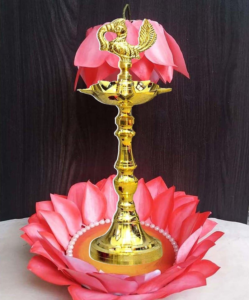 Denique Denique Brass Nakshi Peacock Kerala Mahabharat OilGhee Diya Deepak Lamp Design Long Diyas for Home Pooja Room Pancharti Panchmukhi Diya for Puja Decoration Aarti21 CM Pack of 1  - Image 5