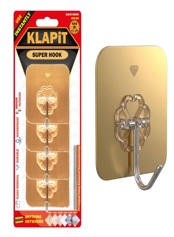 كلابيت خطافات KLAPiT Super Hook - خطافات جدارية لاصقة شديدة التحمل، لا حاجة للحفر، مقاومة للماء، حل تعليق خالٍ من التلف لأدوات غرفة النوم والحمام والمطبخ - ذهبي، 4 قطع. - Image 1