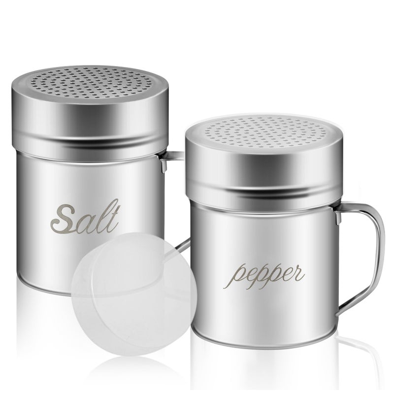 ZERUIDM Stainless Steel Salt and Pepper Shakers Set, 10 OZ Seasoning Spice Shaker with Lid and Handle 127 Holes, Metal Dredge Shaker for Powder Sugar Cooking Kitchen Baking (2 Pieces) - Image 1
