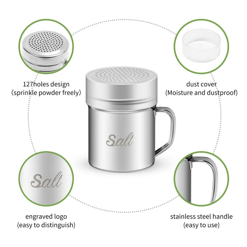 ZERUIDM Stainless Steel Salt and Pepper Shakers Set, 10 OZ Seasoning Spice Shaker with Lid and Handle 127 Holes, Metal Dredge Shaker for Powder Sugar Cooking Kitchen Baking (2 Pieces) - Image 2
