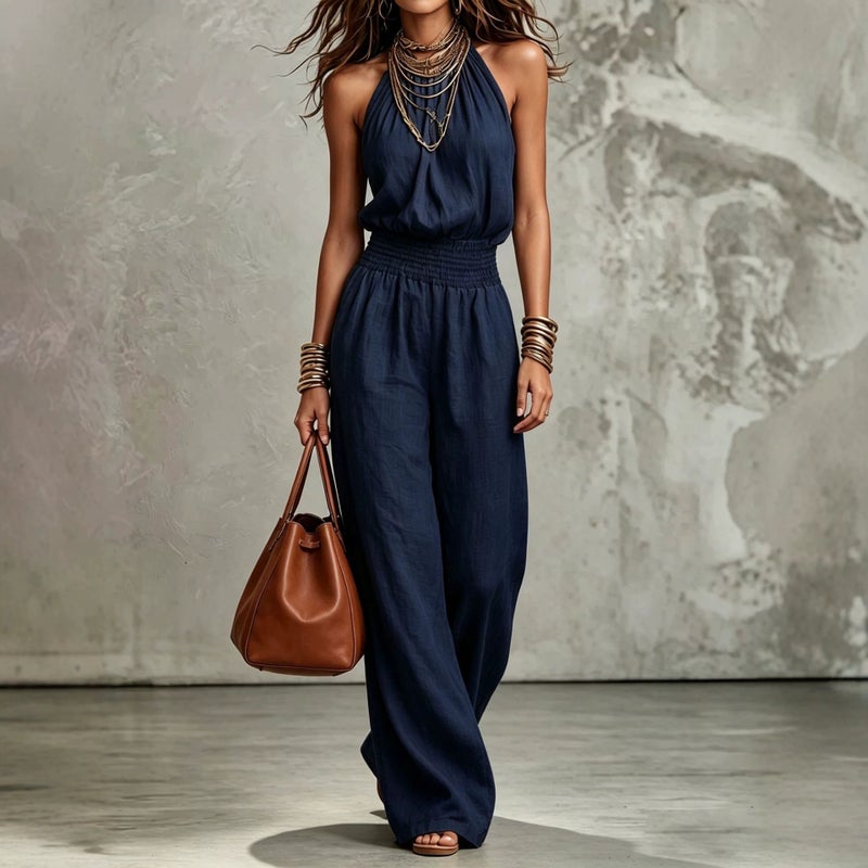Women's Summer 2026 Sleeveless Tie Waist Halter Neck Wide Leg Jumpsuit - Image 2