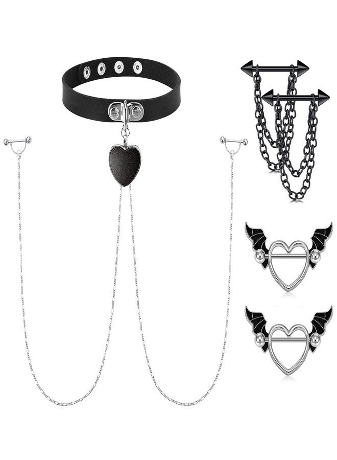 JFORYOU Nipple Ring with Choker Necklaces Stainless Steel Nipple Rings Punk Heart Pendant Chokers for Women Nipple Barbell Piercing Jewelry - Image 1