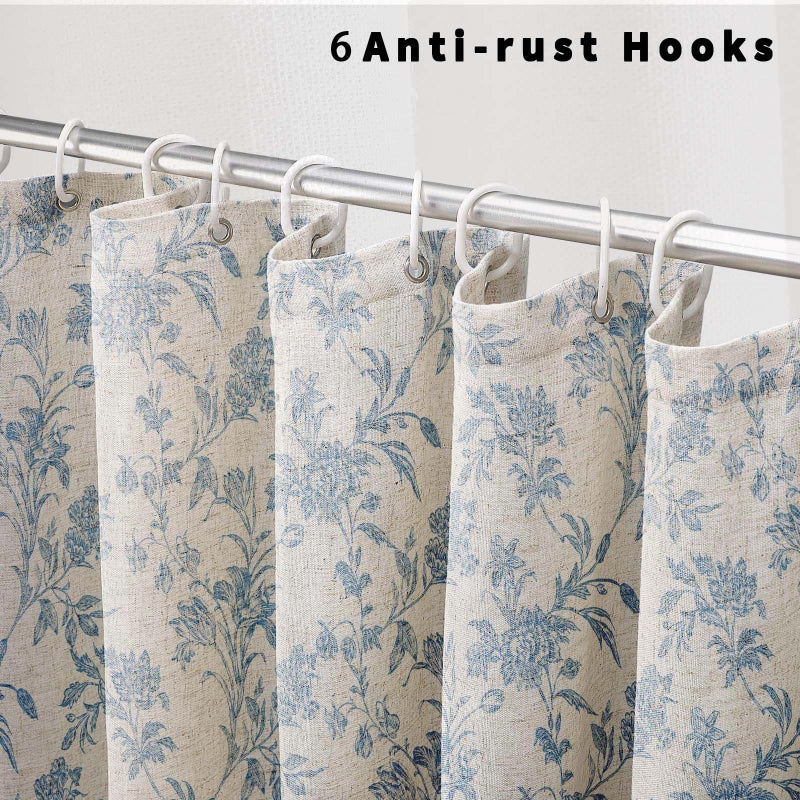 WOUVMA Extra Long Blue Shower Curtain Floral Cotton Linen Cottagecore Shower Curtain for Bathroom 90"" L x 72"" W - Image 2