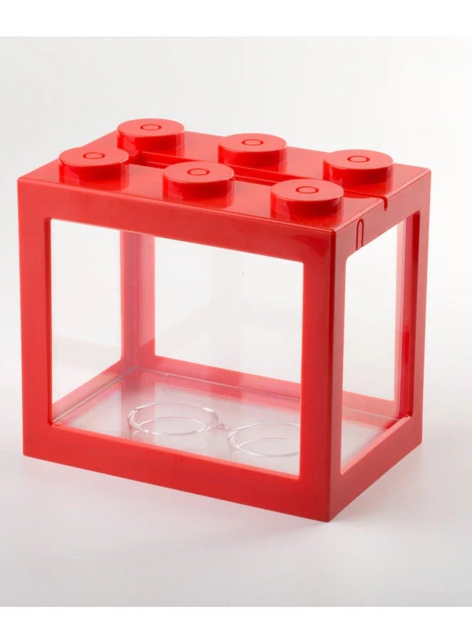 Rubik DIY Mini Betta Fish Tank,Small Transparent Fish Aquarium Stackable Tank, Aquarium Lego Design Block Type (Red) - Image 1