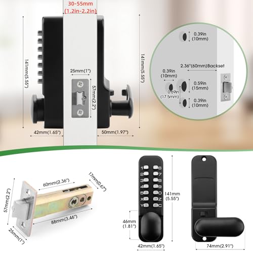 ANNFUZ Full Mechanical Keyless Entry Door Handle Lock with KeypadSingleSided Push Button Combination Code Lever LockAuto LockingInterior HoldOpeningfor Front GateNo BatteryMatte Black - Image 3