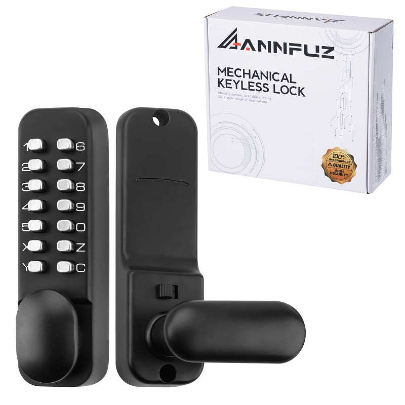 ANNFUZ Full Mechanical Keyless Entry Door Handle Lock with KeypadSingleSided Push Button Combination Code Lever LockAuto LockingInterior HoldOpeningfor Front GateNo BatteryMatte Black - Image 2