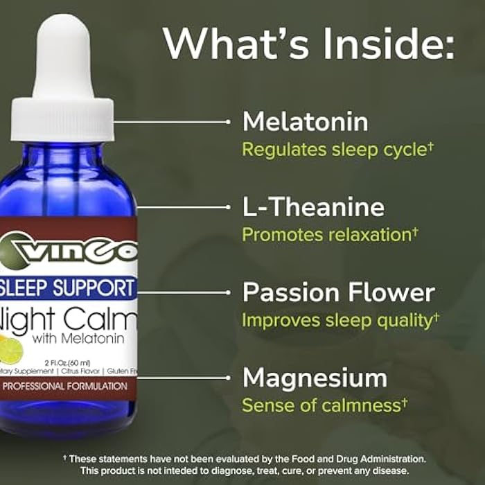Vinco Inc - Night Calm® Mood & Relaxation Daily Supplement | 60 ml (60 Servings) | with Melatonin, L-Theanine & Herbal Extracts | Supports Sleep, Relaxation & Mood | Gluten Free & Vegetarian - Image 3
