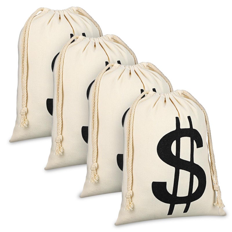 LEIFIDE 4 Pcs Canvas Money Bag Pouch with Drawstring Dollar Sign Carrying Sack Costume Props Canvas Coin Bag for Halloween Cosplay(6.3 x 9 Inch) - Image 1