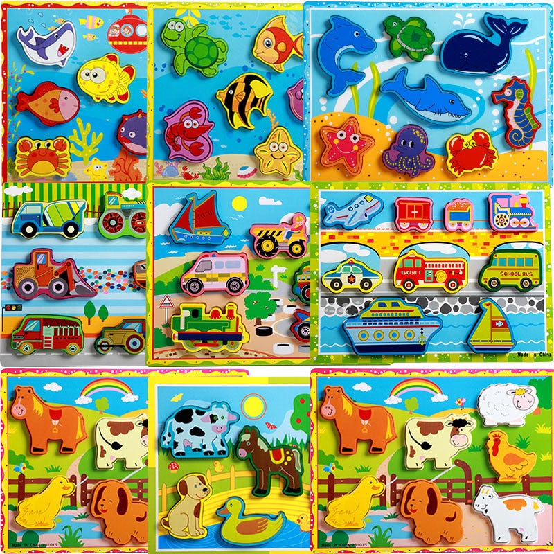 Wooden Three-Dimensional Jigsaw Puzzle Panel Animal Traffic Vegetable Fruit Hand-Scratch Board Baby Early Education Educational Toys - Image 2