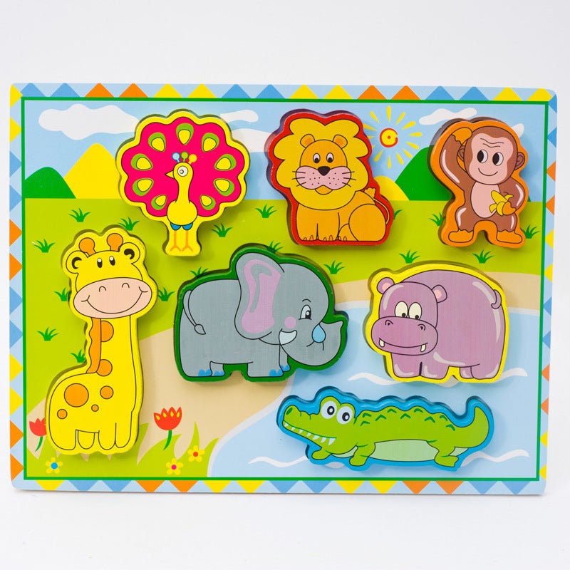 Wooden Three-Dimensional Jigsaw Puzzle Panel Animal Traffic Vegetable Fruit Hand-Scratch Board Baby Early Education Educational Toys - Image 1