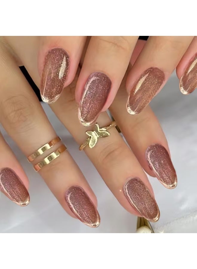 Goolsky 24pcs of Medium-Long Oval Golden Edge Glitter Design Finger Nails with Jelly Glue 1 Nail File 1 - Image 5