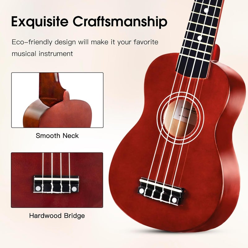 ADM Ukulele for Beginners Hawaiian Wood Ukelele Kit for Kids Adult Student Starter Professional Ukalelee Pack Bundle with Free Lessons Gig Bag Strap Nylon String Tuner (Brown, 21 Inch) - Image 4