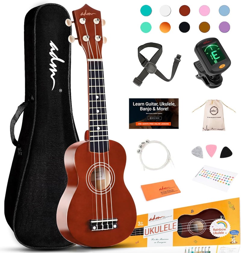 ADM Ukulele for Beginners Hawaiian Wood Ukelele Kit for Kids Adult Student Starter Professional Ukalelee Pack Bundle with Free Lessons Gig Bag Strap Nylon String Tuner (Brown, 21 Inch) - Image 1