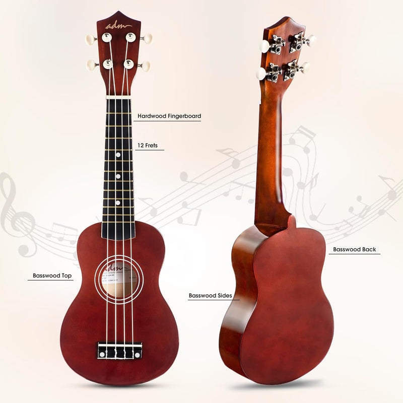 ADM Ukulele for Beginners Hawaiian Wood Ukelele Kit for Kids Adult Student Starter Professional Ukalelee Pack Bundle with Free Lessons Gig Bag Strap Nylon String Tuner (Brown, 21 Inch) - Image 2