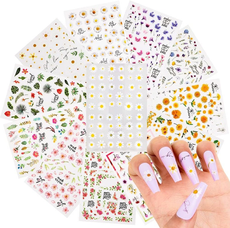 ملصقات فن الأظافر زهور أكريليك أظافر ديكورات تصميمات ملحقات 12 ورقة ديزي روز ورقة لاصقة ذاتية 3D ملصقات أظافر زينة للنساء والفتيات