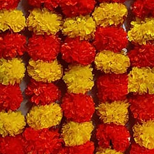 VRCT Artificial Marigold Fluffy Flowers Latkan for Decoration - Pack of 15 (Multicolor) (Yellow, Red, Multicolor) - Image 2