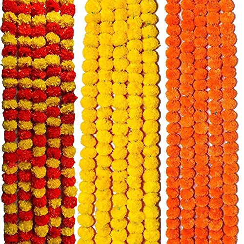 VRCT Artificial Marigold Fluffy Flowers Latkan for Decoration - Pack of 15 (Multicolor) (Yellow, Red, Multicolor) - Image 1