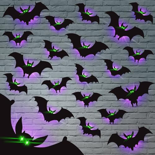 sewrung 24 Pack Halloween Bats Decorations Wall Stickers with Glow in Dark Eye, 4 Different Style Removable PVC Wall Bats Sticker for Indoor Outdoor Home Window Garage Decor Party Supplies - Image 1