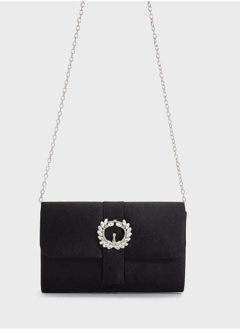 Embellished Trim Satin Clutch Bag