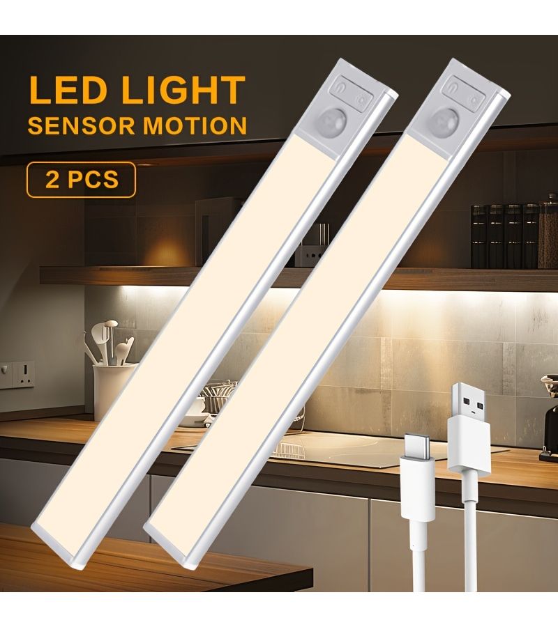 Black Wireless Motion Sensor Cabinet Lights 2pc USB Rechargeable LED - Image 1
