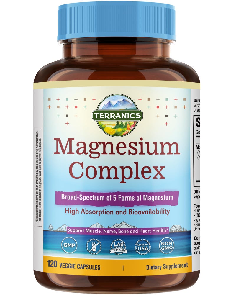 Terranics 5in1 Magnesium Complex Supplement 500mg 5 Forms High Absorption Magnesium Glycinate Citrate Malate Aspartate Gluconate NonGMO 120 Vegan Magnesio Capsule for Sleep Muscle Heart Health
