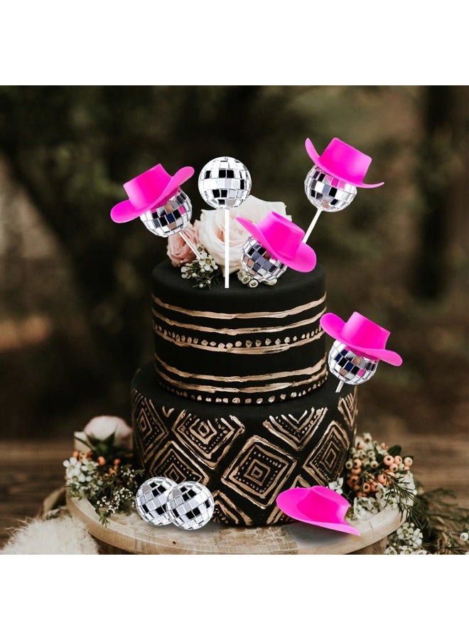 Max Shape 60Pcs Disco Cowgirl Pary Cake Decoration, 20Pcs Disco Ball Cup Toppers 10Pcs Mini Pink Cowgirl Hats 10Pcs Cow Print Cowboy Hats Westen Cowgirl Party Birthday Table Decor (pink hat) - Image 3
