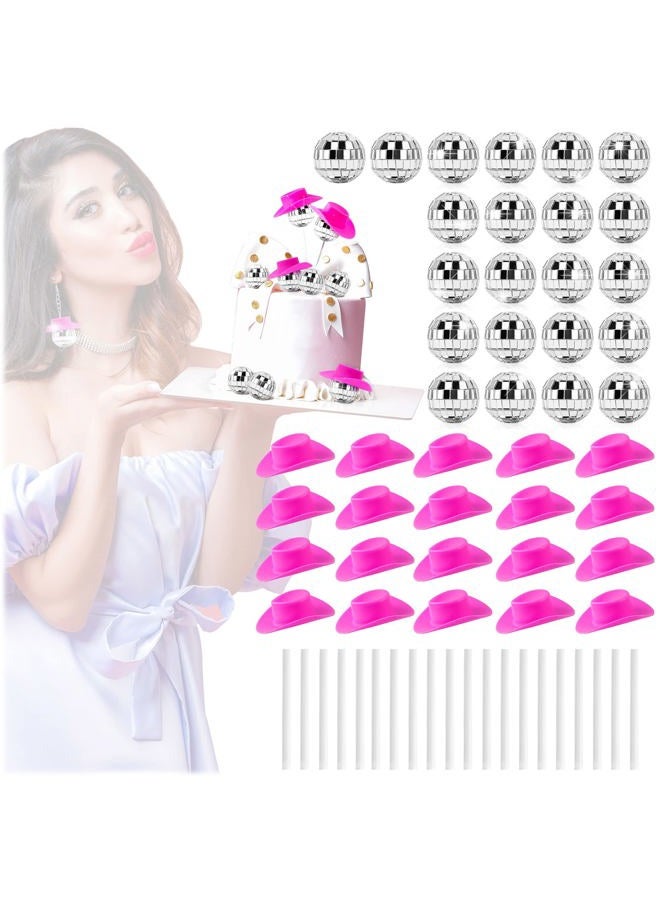 Max Shape 60Pcs Disco Cowgirl Pary Cake Decoration, 20Pcs Disco Ball Cup Toppers 10Pcs Mini Pink Cowgirl Hats 10Pcs Cow Print Cowboy Hats Westen Cowgirl Party Birthday Table Decor (pink hat) - Image 1