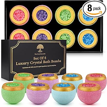 Eco-Lux Essentials Set of 8 Luxury Bath Bombs 100 Natural Organic Vegan Home Spa Pamper Birthday Gift Christmas Presents Essential Oil Scented Bath Fizzer - Image 1